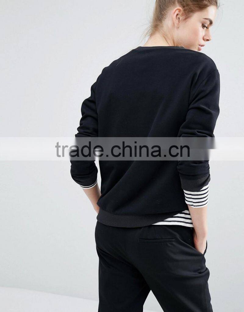 high quality with stripe on the right hem women 100% cotton blcak casual panda hoodies