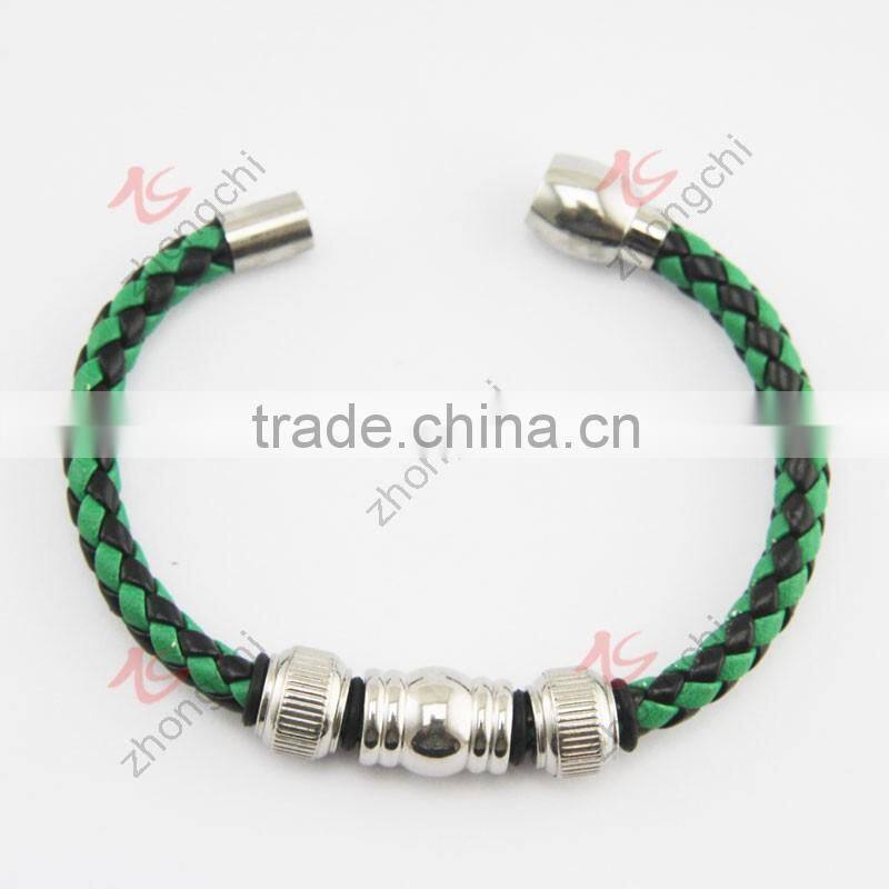 stainless steel magnet clasp with green leather braided cuff bangle