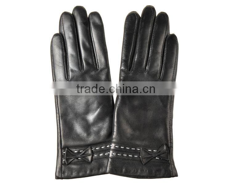 Hot selling white thread little bowknot sheepskin leather gloves for female