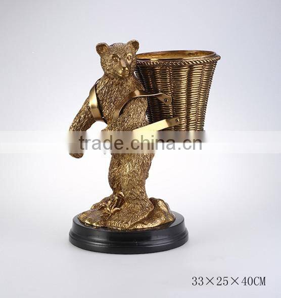Lovely Ceramic Bear Carring Bronze Basket Decorative Wine Bottle & Glasses Holder, Imitated Porcelain Bear With Brass Wine Rack