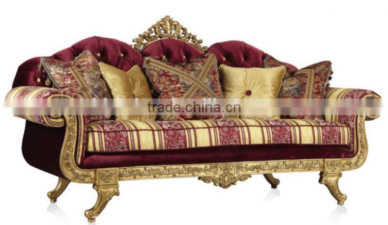New design European living room solid wood hand carving red flower pattern fabric sofa set