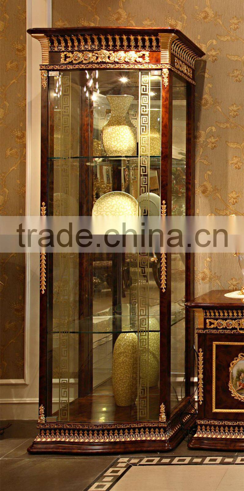 Luxury French Baroque Style Living Room Wine Cabinet/ Classic Glass Double Door Display Cabinet/ Brass Decorative Vitrine