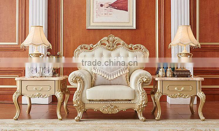 Neoclassic style solid wood champagne gold carving leather sofa set