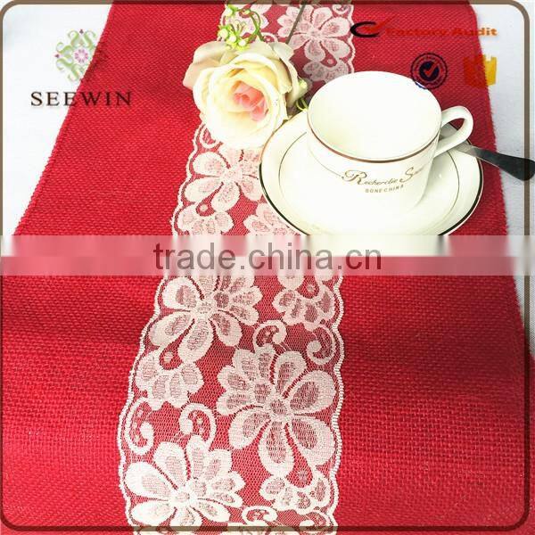 color dyed environmental hotsale natural jute table runner with white lace