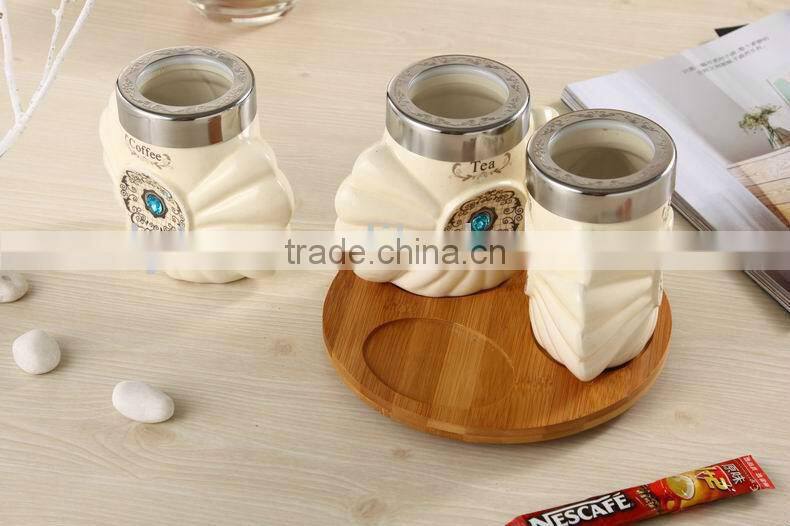 ceramic canister set with turntable bamboo stand