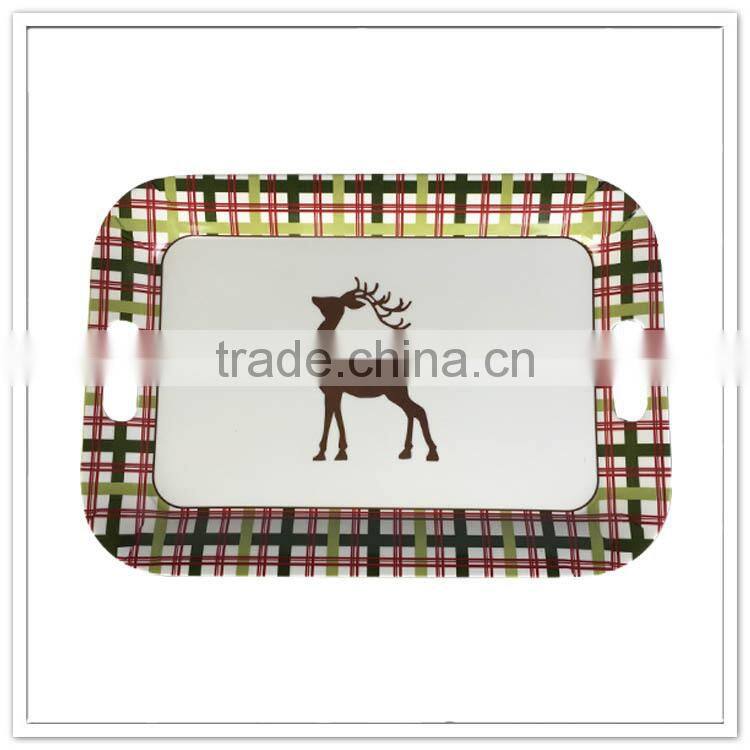 X'mas deer printed & plaid design 16" large plastic trays with handles