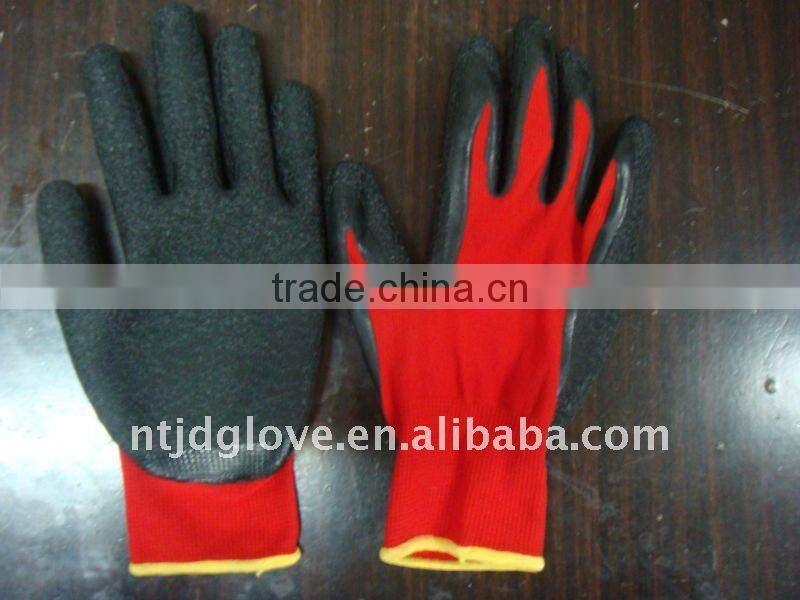 Welding Latex gloves . 13G Red Nylon with palm coated black Crinkle latex gloves , Knit wrist working safety gloves