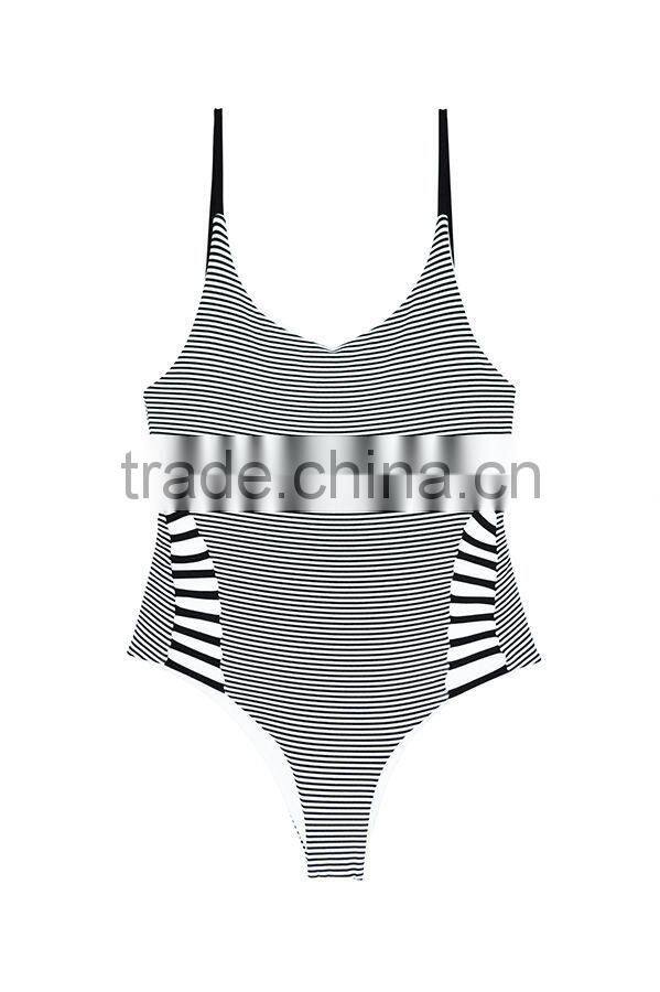 ladies black and white stripe and side black strap one-piece swimwear