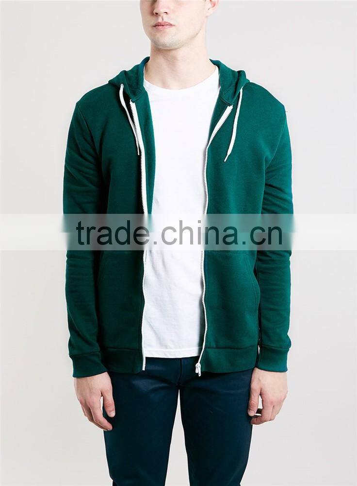 Men's plain teal 100% polyester zip up pocket hoodies