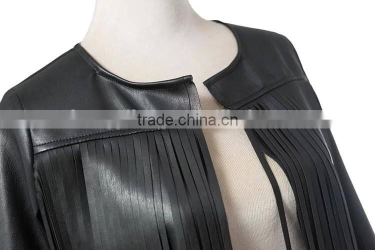 Women's pure leather lined no buttons jacket with tassels