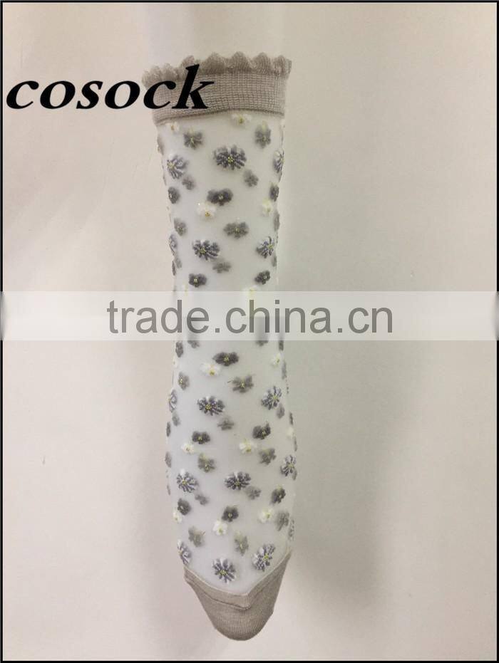 Flower jacqaurd women lovely ankle high transparent nylon summer socks