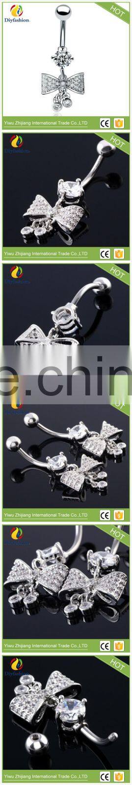 Stainless steel big CZ bowknot long navel ring