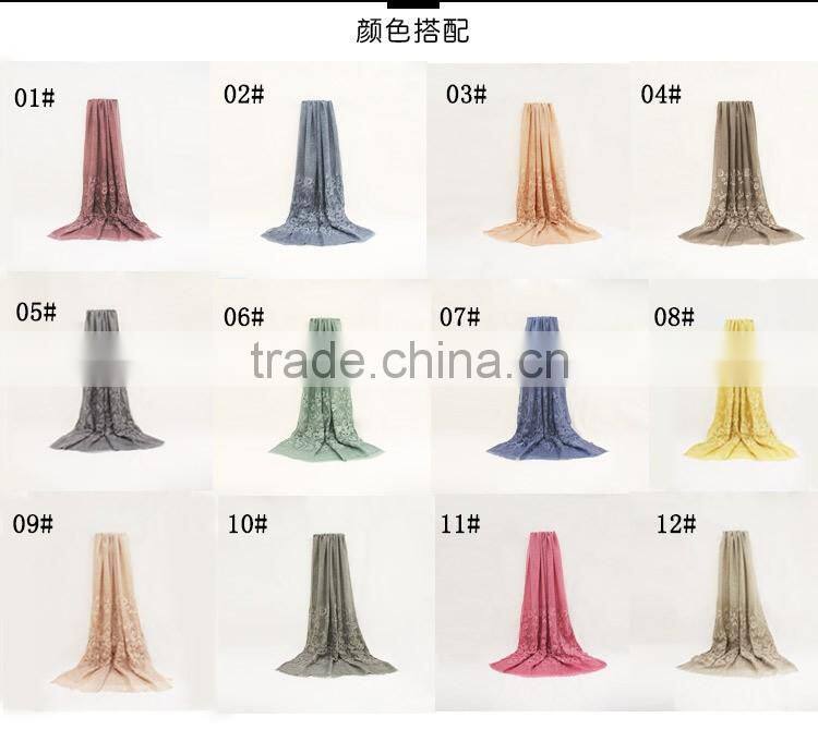 New fashion custom embroidery flower plain dyed linon viscose hijab scarf