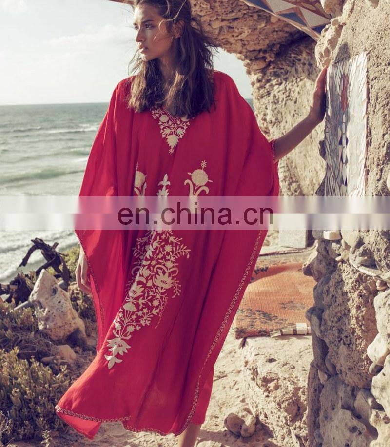 2019 Red Bohemian Floral Embroidered Loose Summer Beach Dress Moroccan Caftan Plus Size Women Street Wear Midi Dress Sarong