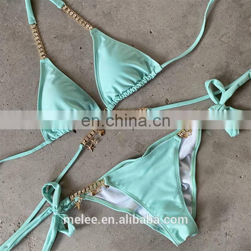 Women Swimwear Set Beach Bathing Suit Swimsuit Rhinestones Glitter Diamond Gems Crystal Bikinis 2020 swimwear beachwear