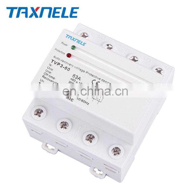 60A 63A 380V Three Phase Din rail automatic recovery reconnect over voltage under voltage Three Phase voltage protector