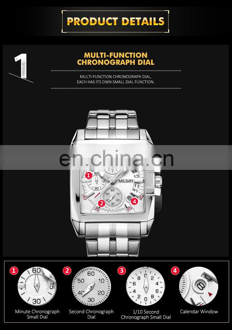 Megir 2018 Men's Square Stainless Steel Calendar Quartz Sport Military Chronograph Wristwatch Relogio Masculino
