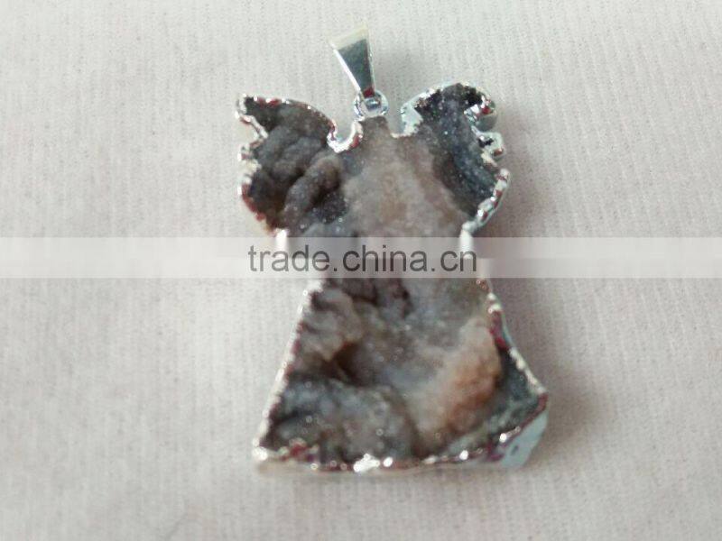 Natural angel shape agate druzy quartz pendant plated edge for jewelry decoration