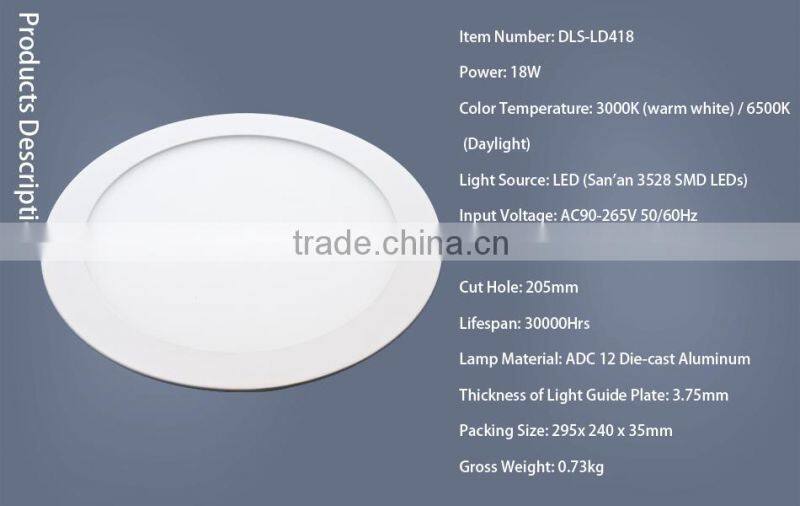 9 12 15 18W Round thin recessed downlight with die cast aluminum LED panel light