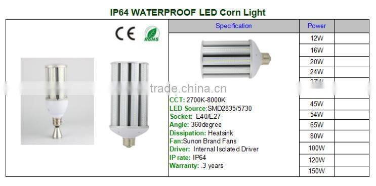 360 degree beam angle 100lm/w IP64 220v 24w led corn light
