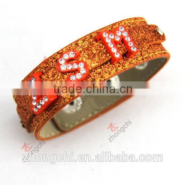 Wholesale purple, orange glitter leather bracelet, assorted slide charms diy leather bracelet