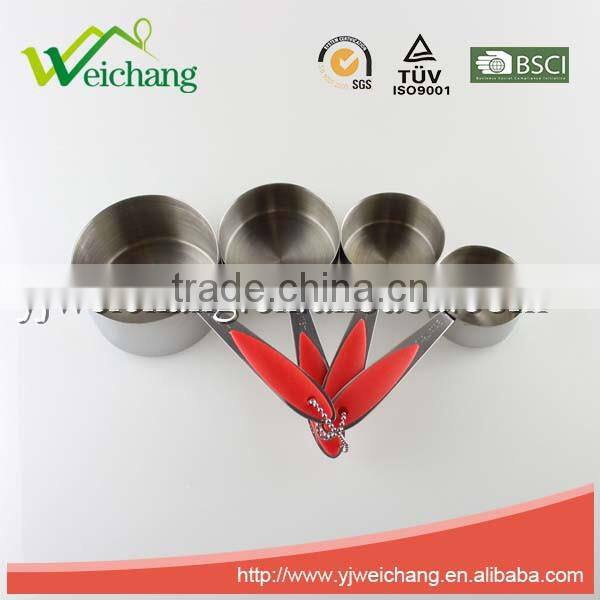 WCJ096 Stainless Steel Tools and Gadgets 4-Piece Measuring Cup Set with Red Silicone Grips