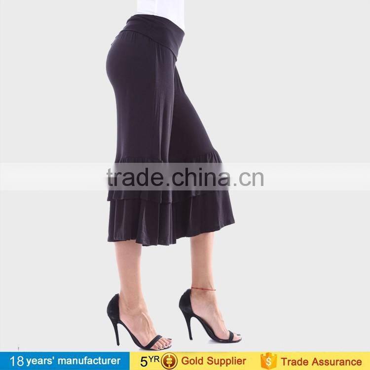 OEM wholesale casual High waist knee length capri palazzo pants ruffle wide leg gaucho pants for women