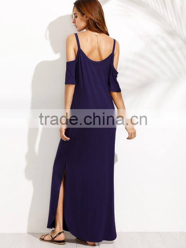 Woman Navy Pocket Cold Shoulder Split Maxi Dress