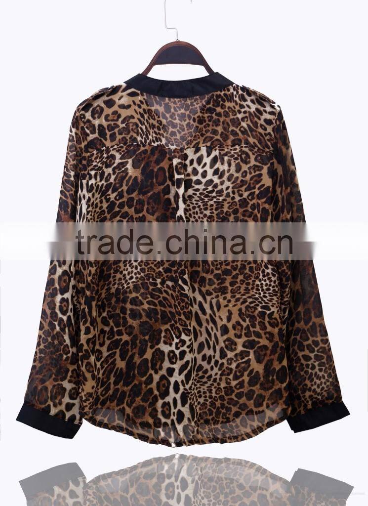 2015 Women Blouse Leopard Print Shirt Long sleeve V -Neck Top Loose Blouses Plus Size Chiffon Shirt