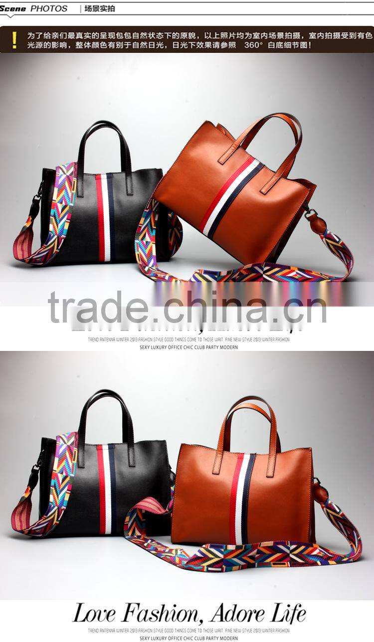 Top-Grade Simple Design Leather Hand Bags Color Straps Women Tote Handbag