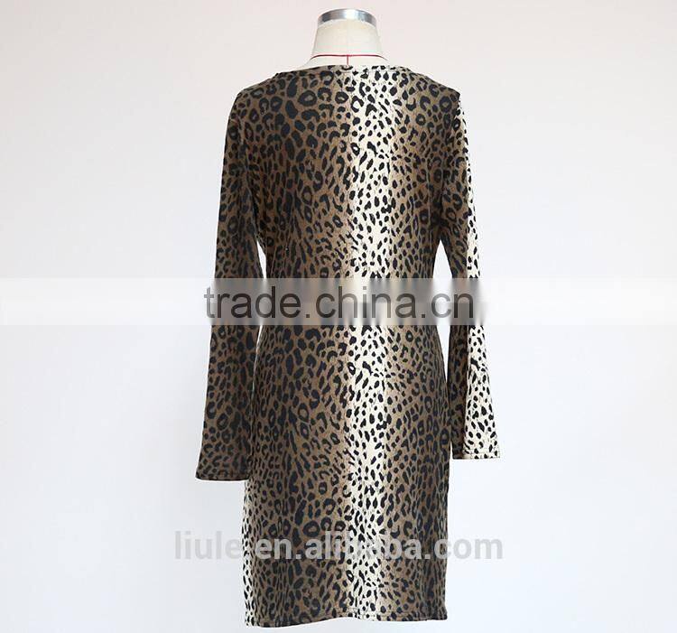 sexy deep v neck leopard printed irregular hem long sleeve dress short ladies night robe
