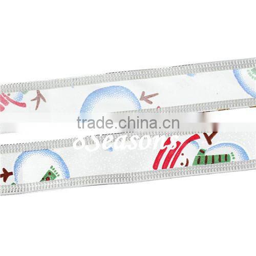 White Christmas Snowman Pattern Satin Ribbon For Christmas Decoration 25.0mm