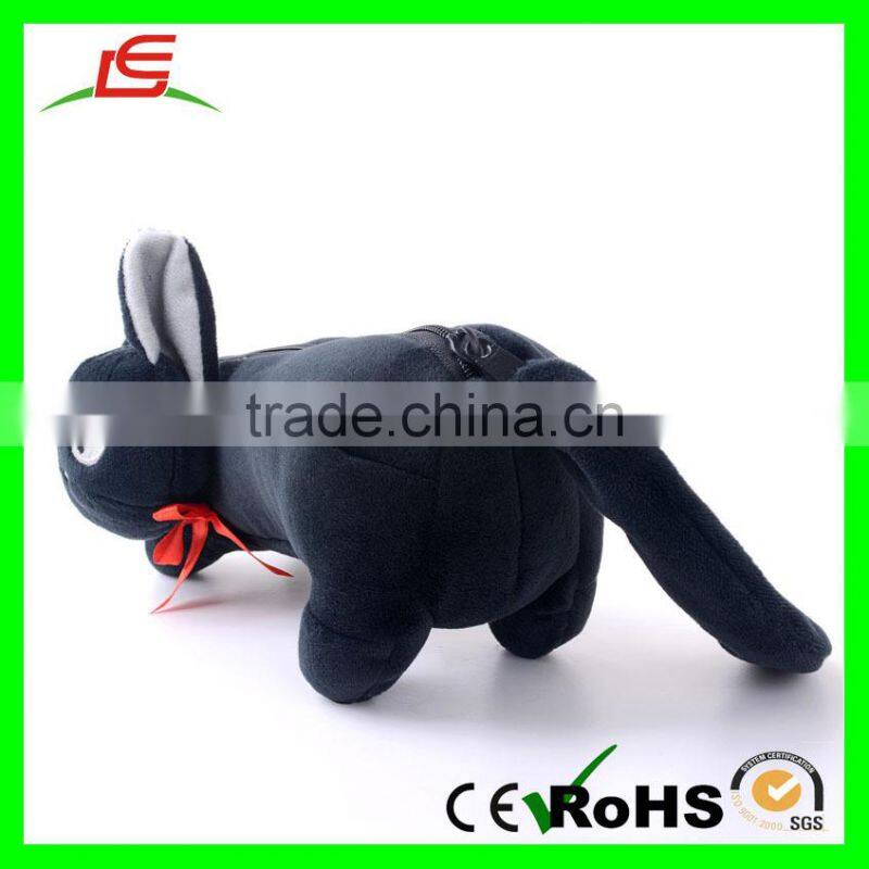 E477 Black Super Soft Velboa Cat with Bow Plush Pencil Case