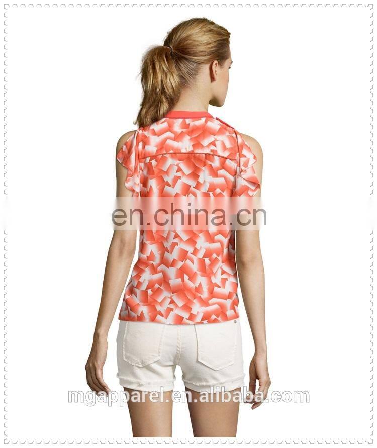 women red geometric printed silk flutter sleeve blouse wholesale