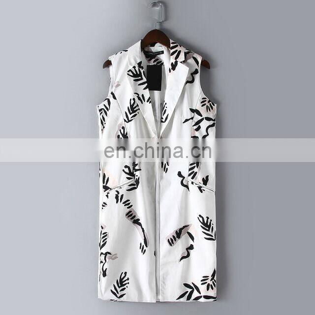 Girls clothes custom jacket women without coats wholesale trees leaf printed fall long vest clothing suit collar vest 2015