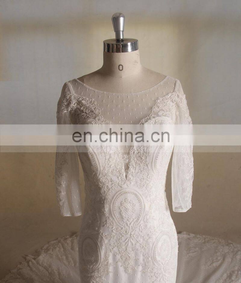 Honorable mermaid scoop neck 3/4 sleeve lace long train wedding dress