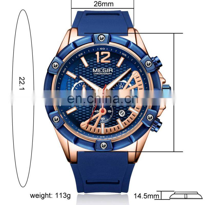 MEGIR 2083G Men's Fashion&Casual Watch Quartz Movement Leather Band Business Watch Auto Date 24-hours Hand Led Silicon Watch