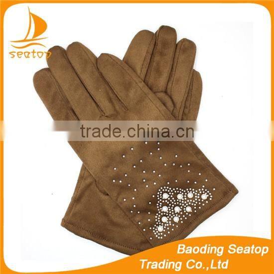 new 2016 womans suede smart phone hand gloves with fake diamonds