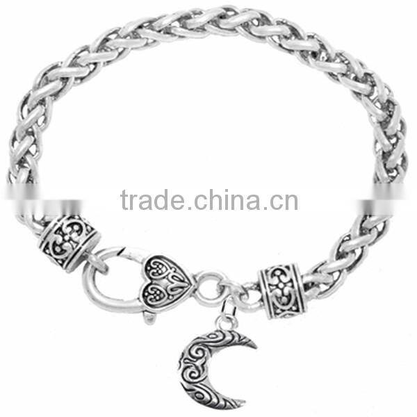 Crescent Moon Charm With Antiqued Swirl Pattern Charm Chain Link Bracelet
