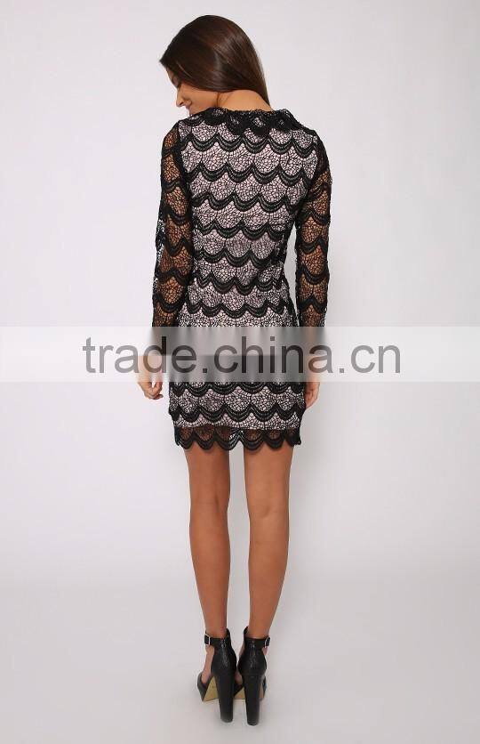 Fashion long sleeve eyelash lace overlay new model women dress model