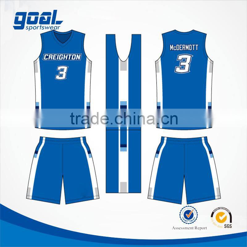 Wholesale latest quick dry customized sublimated blue college design team set basketball uniforms