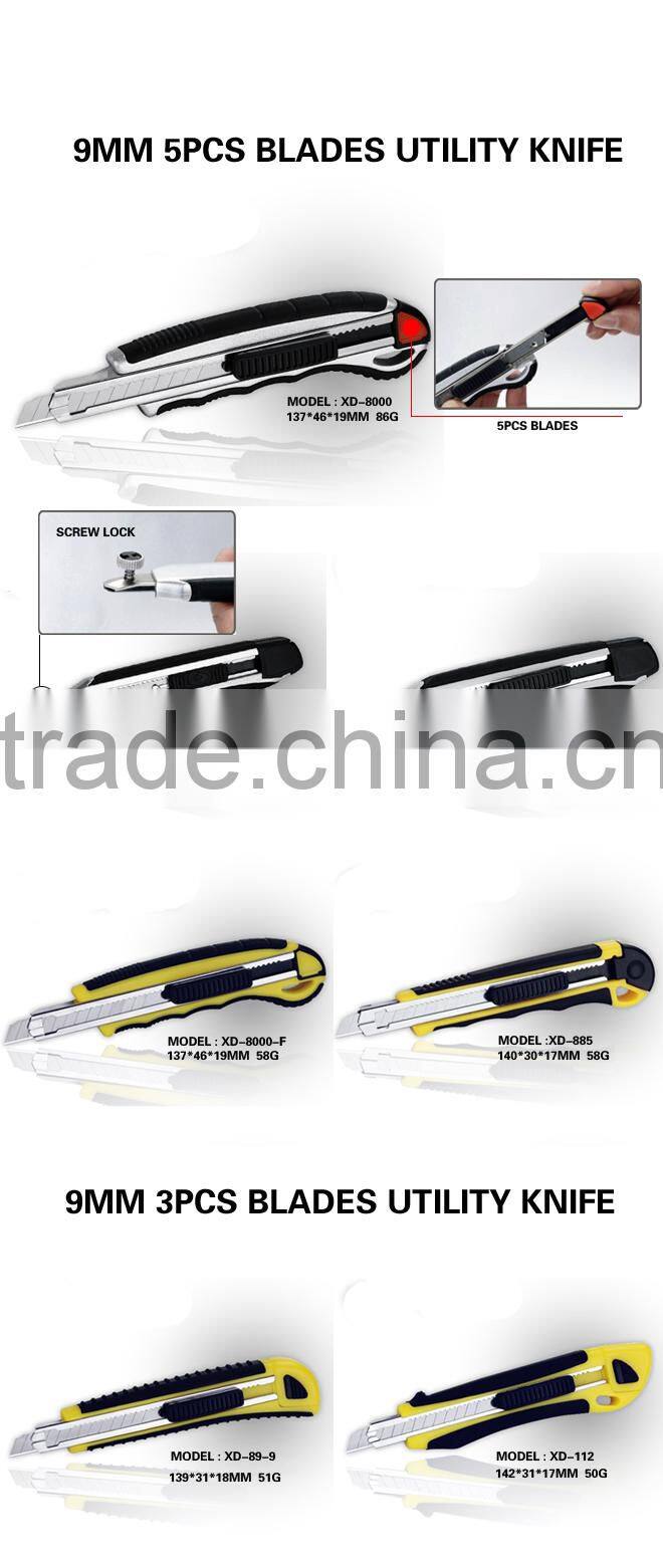 Plastic with rubber grip handle 5pcs 9mm blade Auto lock cutter knife