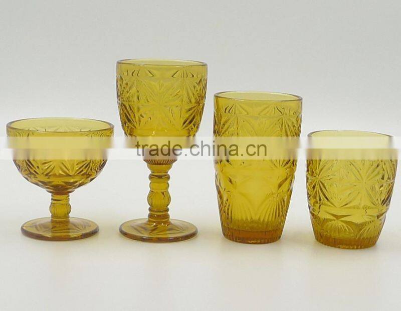 press drinking glass/Wine goblet,Hiball,DOF, sundae cup color glass in Amber with geometric designs emboss