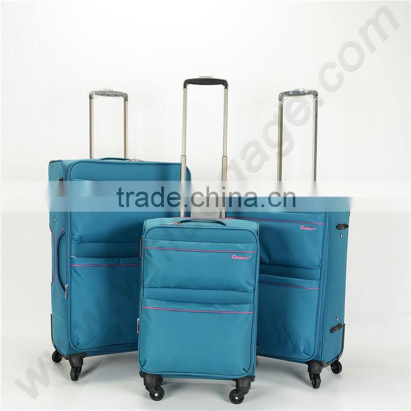 Blue polyester fabric material luggage set with 4 single spinner wheels