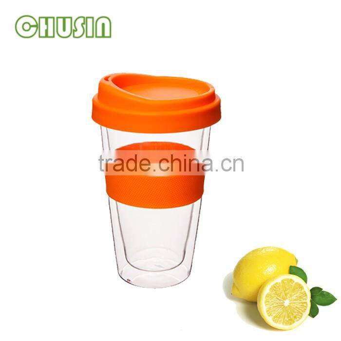 Popular double wall glass coffee cup/milk mug/tea cup with silicone lid and silicone sleeve