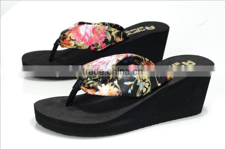 ladies printing sexy satin strap wedge flip flop sandals