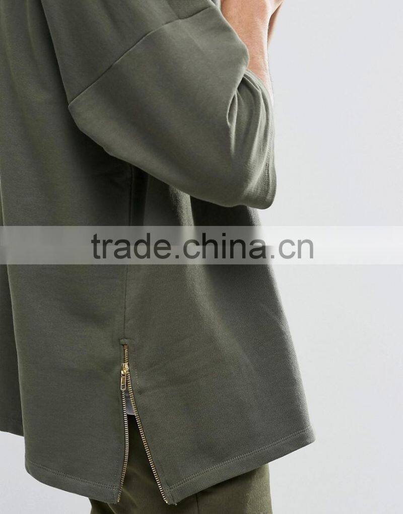 wholesale full zip 100% cotton with hood dark green men furcal hem oversized long hoodie