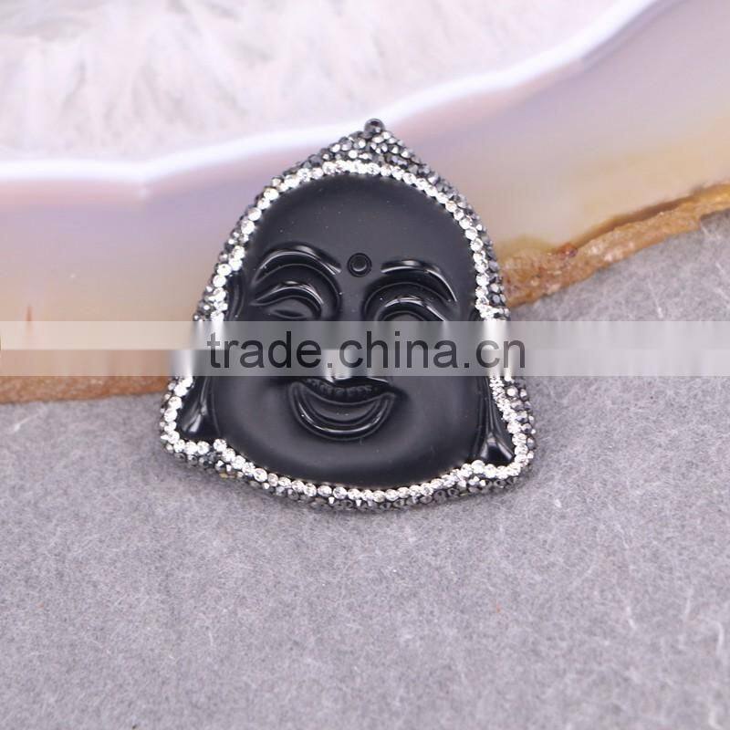 Black Obsidian Pendant, with Pave Crystal Edged Carving Obsidian Buddha Face Pendant, Gem stone Pendant For Jewelry Making