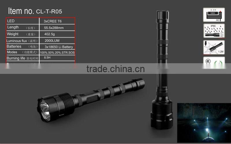 2000lm recoil 2000 lumen cree led flashlight 5 modes 3xcree xml t6 ourdoor/rescue searching torch 3*18650 Lithium battery