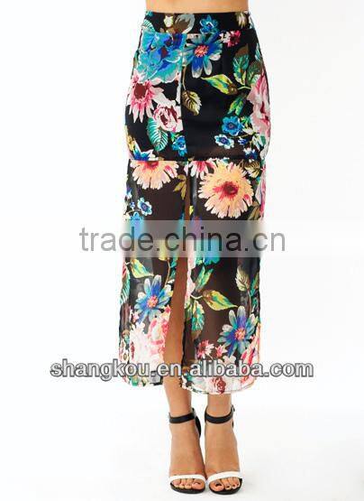 2016 Floral Printing Split bohemian skirts Latest Long Skirt Design shkJ 153